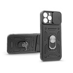   Haffner PT-6756 iPhone 12 Pro Max ütésálló fekete műanyag hátlap gyűrűvel és kameravédővel