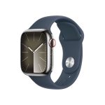   Apple Watch S9 Cellular (41mm) ezüst rozsdamentes acél tok , kék sport szíj (S/M) okosóra