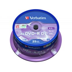 VERBATIM 43757 DVD+R 8,5GB/kétrétegű/8x/matt ezüst írható felület/egyszer írható DVD 25db/csomag