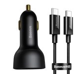   Baseus Superme Digital Display PPS 100W USB Type-A + USB Type-C fekete autós gyorstöltő + 100W 1m Type-C kábel